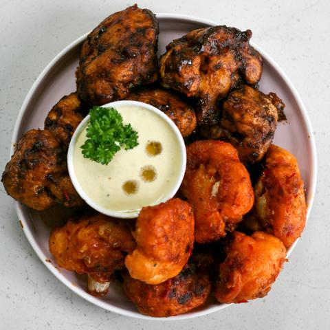 Vegan Buffalo & BBQ Cauliflower Wings with Miso Kiwi Yoghurt Dressing