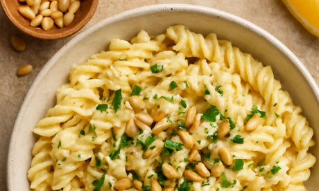 Lemon Ricotta + Goats Cheese Fusilli with Capers & Pine Nuts