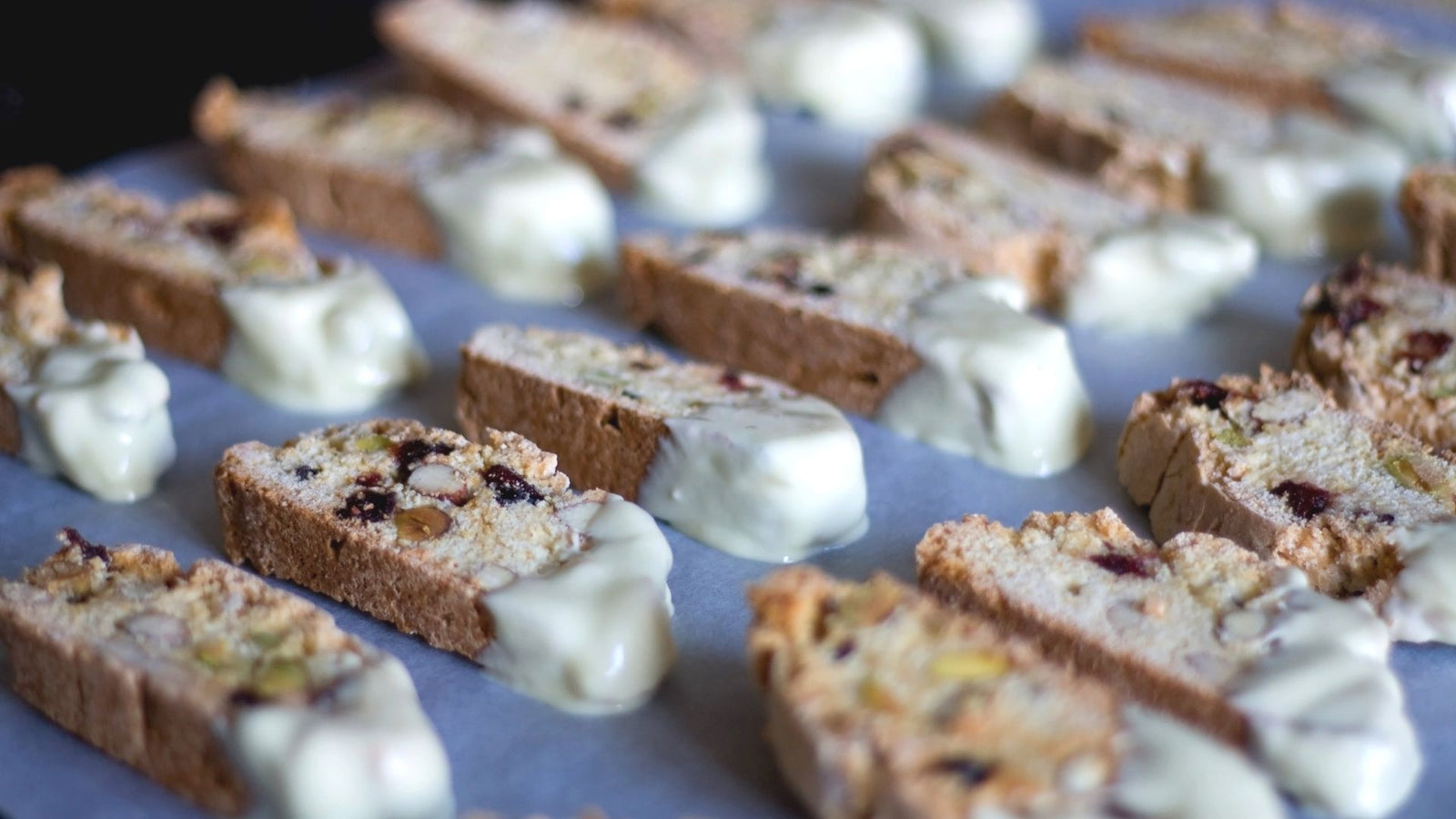White Chocolate dipped Cranberry, Pistachio & Almond Biscotti