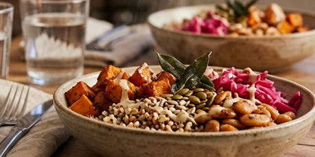Smoky Butter Bean & Roast Kūmara Winter Bowl with Miso-Tahini Dressing
